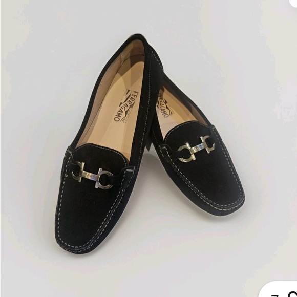Authentic Salvatore Ferragamo Black Suede Loafers with Silver Accents - Picture 1 of 5